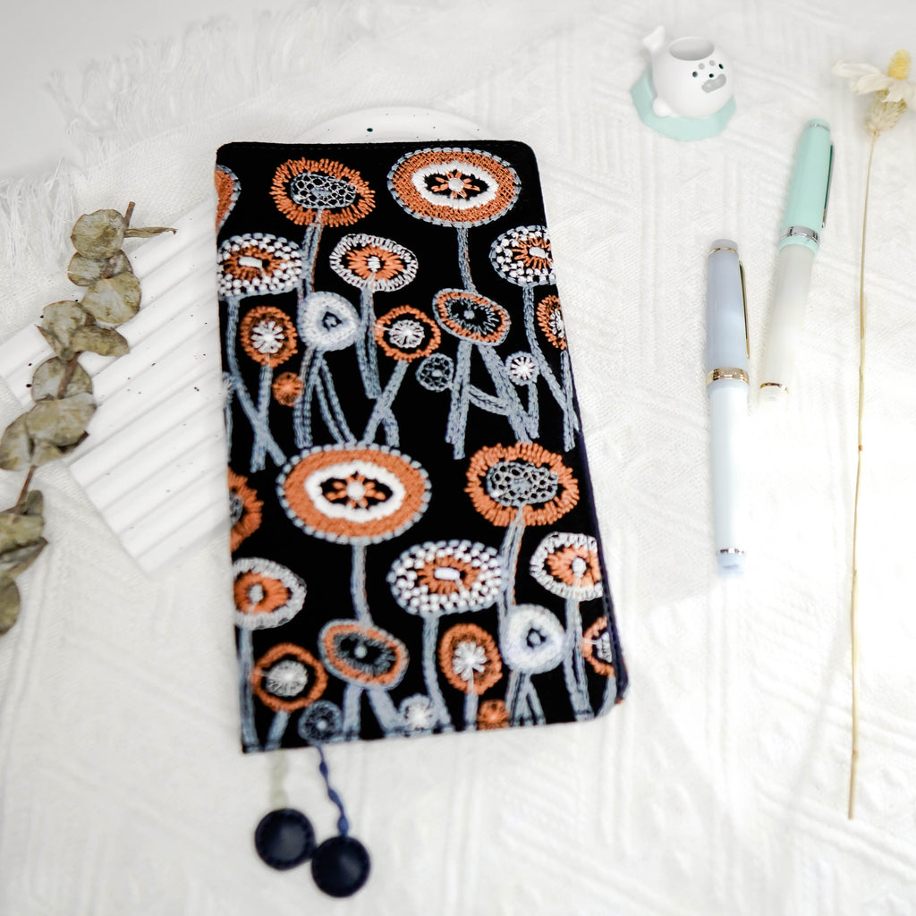 Planner Cover : Black / Orange-Blue Floral Embroidery Fabric (Hobo Weeks) // Pre Order